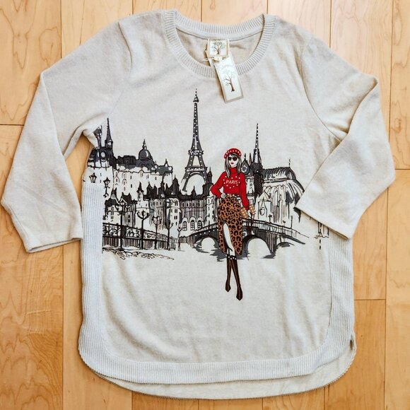 COLORTREE Paris M-L Red Barret Eiffel Tower Studs Decor Beige Sweater Top Tunic - Picture 1 of 16